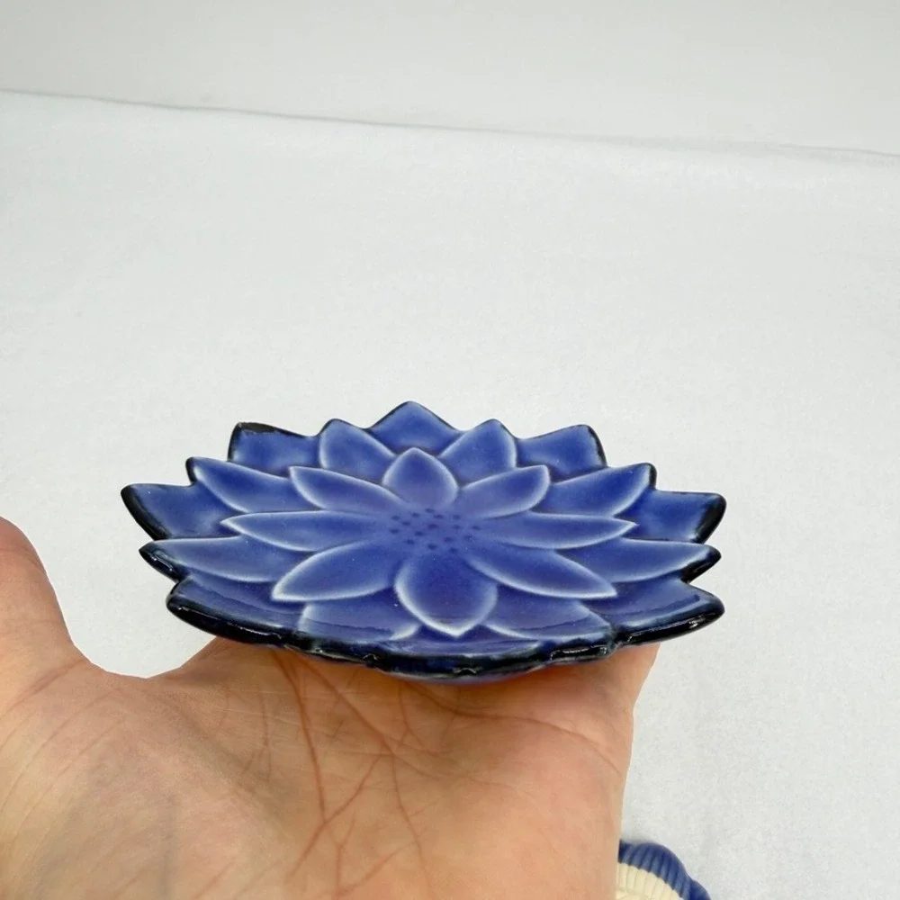 Pier 1 Ceramic Lotus Flower Trinket Dish Set Cobalt Blue Floral Decor 2 Pc Small